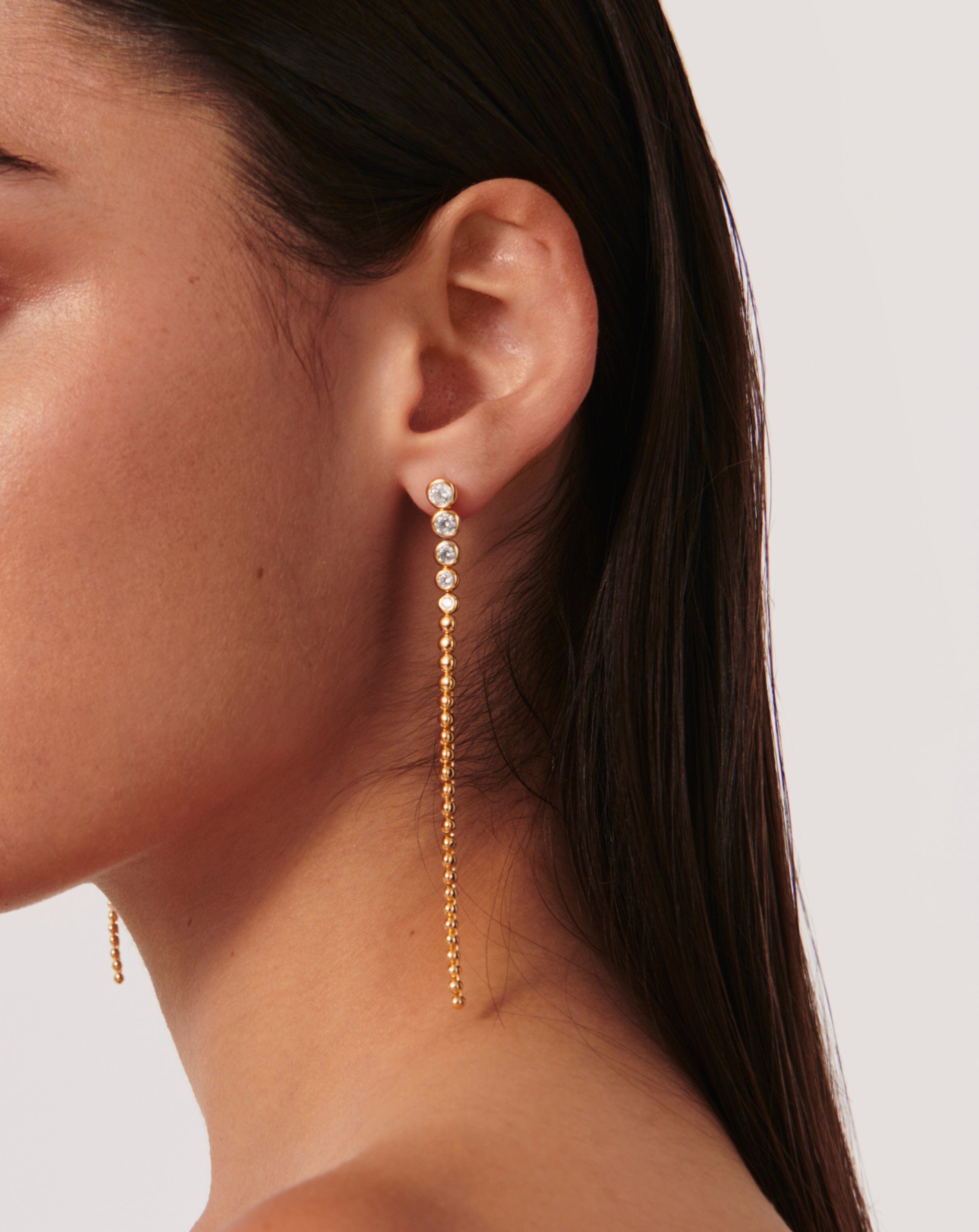 Tennis Beaded Stone Extra Long Drop Earrings | 18ct Gold Vermeil/Cubic Zirconia