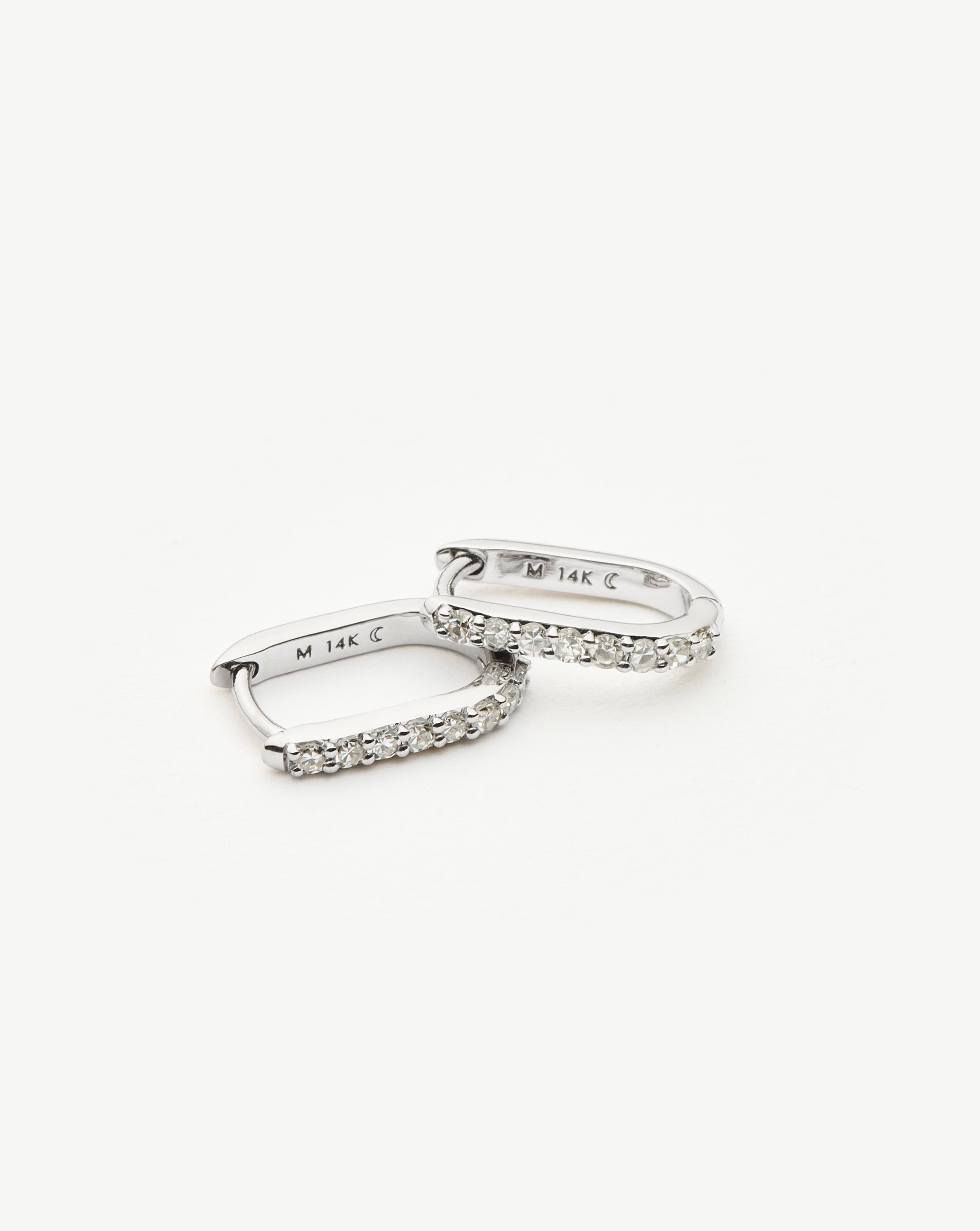 Solid Gold Diamond Ovate Mini Hoop Earrings | 14ct Solid White Gold/Diamond