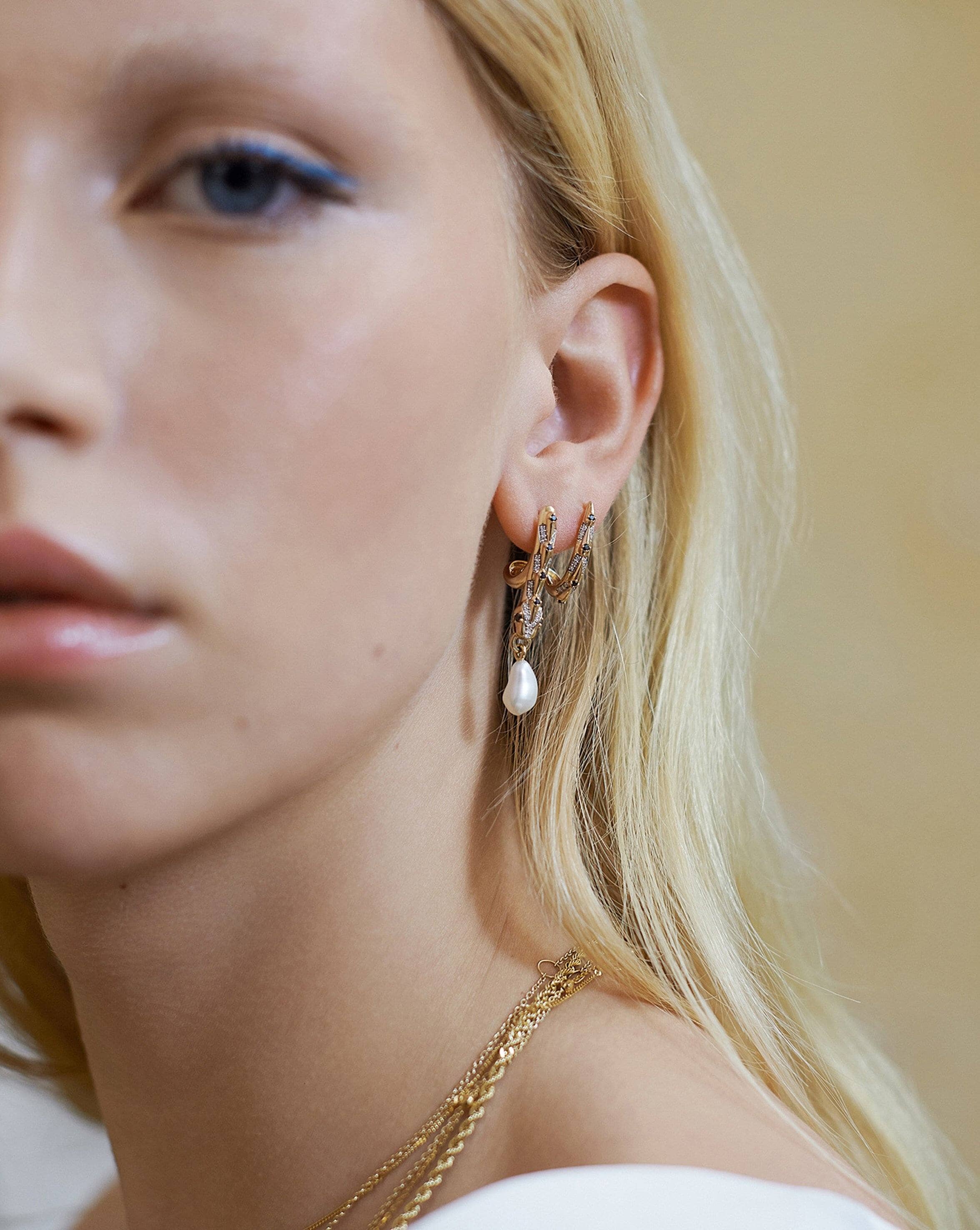 Harris Reed Solid Gold Coiled Serpent Earrings | 14ct Solid Gold/Pearl & Diamond