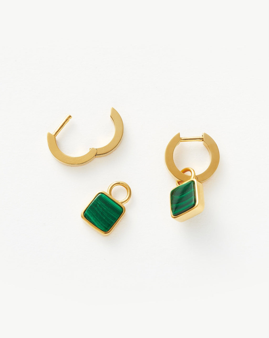 Lucy Williams Square Malachite Charm Hoop Earrings  | 18ct Gold Vermeil/Malachite