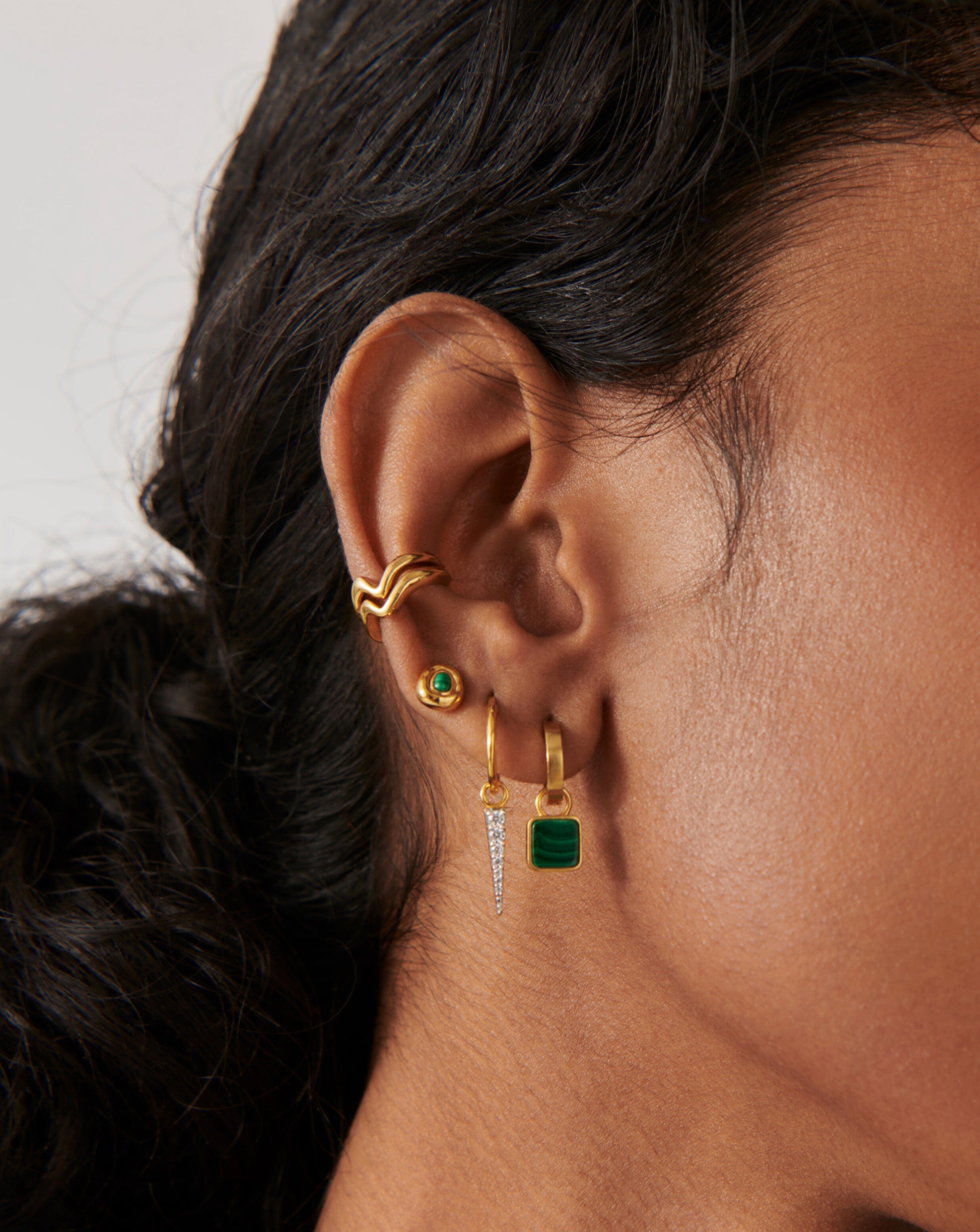 Lucy Williams Square Malachite Charm Hoop Earrings  | 18ct Gold Vermeil/Malachite