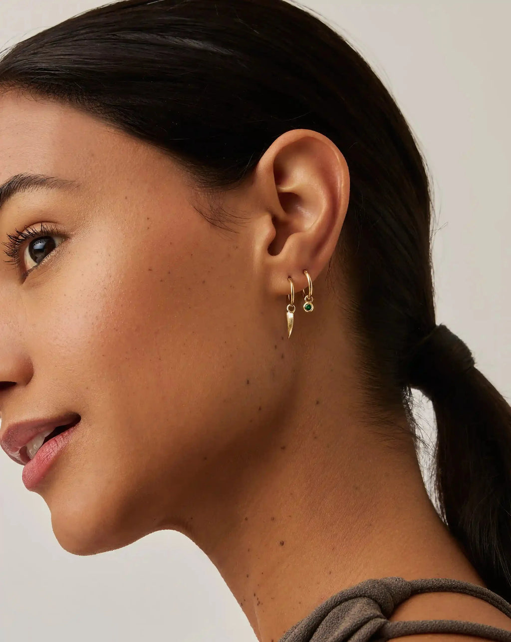 Tennis Charm Mini Hoop Earrings | 18ct Gold Vermeil/Emerald Green Nano-crystal